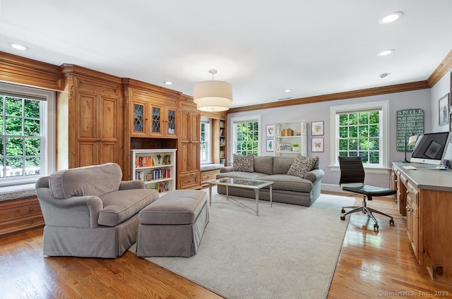 9 Tallwood Rd, Woodbridge, CT 06525 - living area featuring crown molding, healthy amount of natural light, light wood finished floors, and recessed lighting