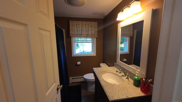 253 E Rd, East Windsor, CT 06016 - bathroom featuring a baseboard heating unit, vanity, and curtained shower