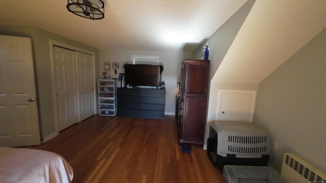 253 E Rd, East Windsor, CT 06016 - bedroom with radiator, dark wood-style flooring, vaulted ceiling, and a closet