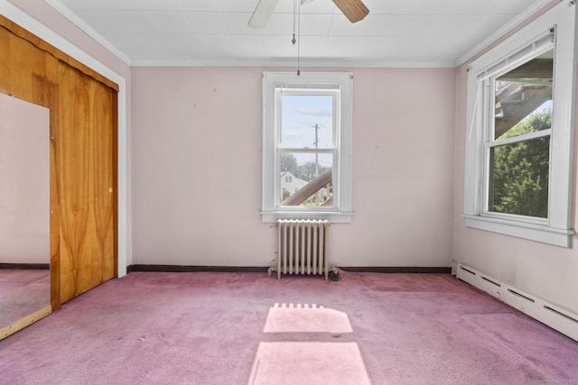 460 Stonybrook Rd, Stratford, CT 06614 - carpeted spare room with radiator heating unit, a baseboard heating unit, ornamental molding, and ceiling fan