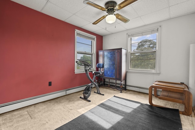 460 Stonybrook Rd, Stratford, CT 06614 - exercise room featuring carpet floors, a ceiling fan, plenty of natural light, a paneled ceiling, and a baseboard heating unit