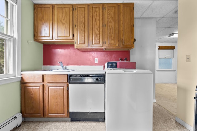 460 Stonybrook Rd, Stratford, CT 06614 - kitchen with washer / clothes dryer, a baseboard radiator, dishwasher, light countertops, and a paneled ceiling
