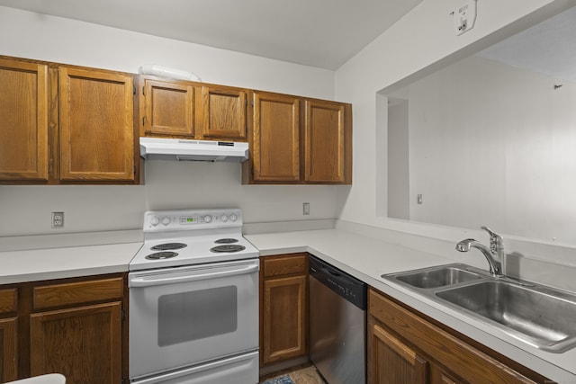 196 Crown St Unit 3J, New Haven, CT 06510 - kitchen with electric range, stainless steel dishwasher, under cabinet range hood, light countertops, and brown cabinetry