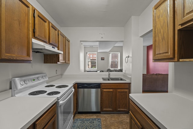 196 Crown St Unit 3J, New Haven, CT 06510 - kitchen featuring dishwasher, white range with electric stovetop, under cabinet range hood, light countertops, and brown cabinetry