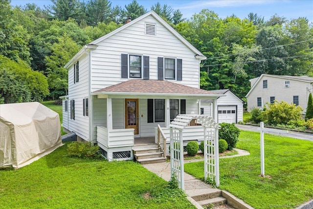 10 Gifford Ln, Norwich, CT 06389 - view of front facade with a porch, an outdoor structure, a front lawn, and a shingled roof