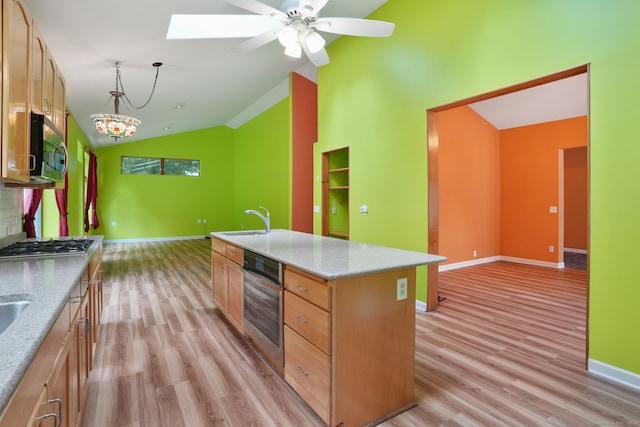 224 Fan Hill Rd, Monroe, CT 06468 - kitchen with stainless steel appliances, lofted ceiling, light wood finished floors, a ceiling fan, and decorative light fixtures