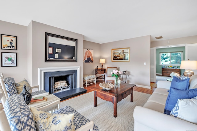 6 Hills Ln Unit 6, Norwalk, CT 06880 - living room with wood finished floors and a fireplace with raised hearth