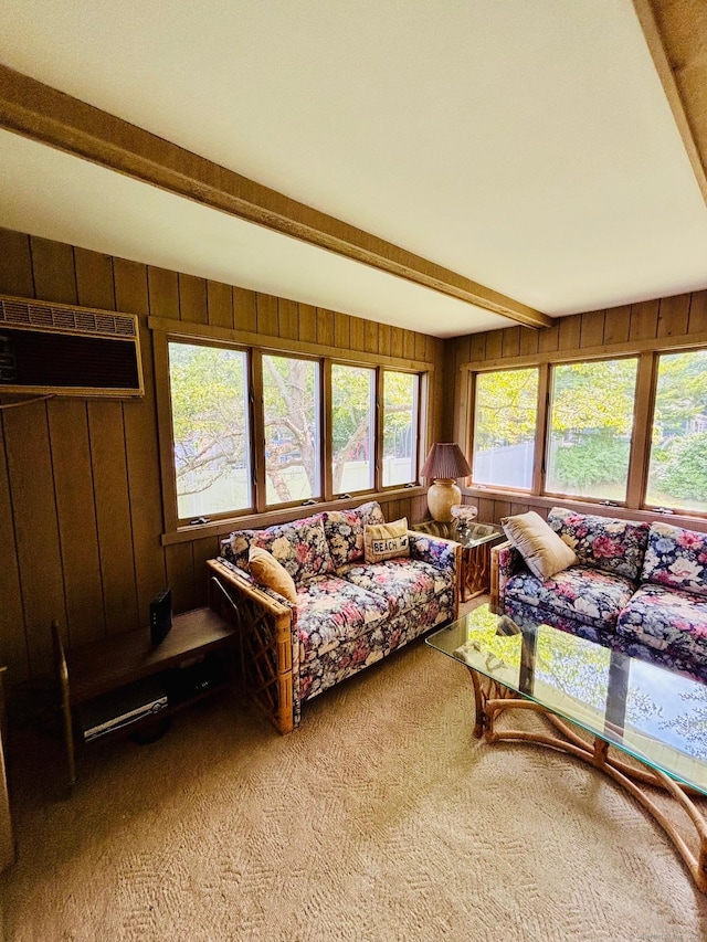 84 Blamey Cir, Stratford, CT 06614 - living room featuring beamed ceiling, carpet flooring, wood walls, and a wall mounted air conditioner