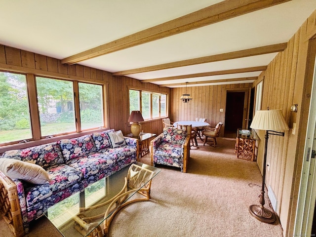 84 Blamey Cir, Stratford, CT 06614 - carpeted living area with beam ceiling and wooden walls
