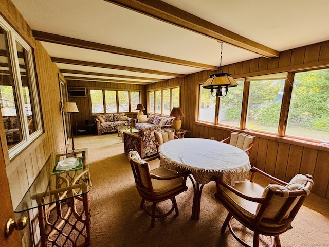 84 Blamey Cir, Stratford, CT 06614 - carpeted dining room featuring wood walls and beamed ceiling