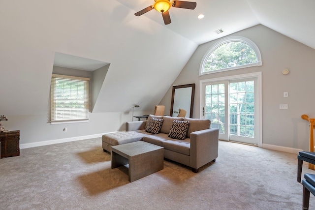 80 Jeremiahs Way, Glastonbury, CT 06073 - carpeted living area featuring lofted ceiling, healthy amount of natural light, and a ceiling fan
