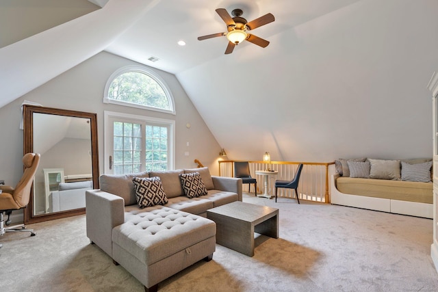 80 Jeremiahs Way, Glastonbury, CT 06073 - carpeted living room featuring lofted ceiling and ceiling fan