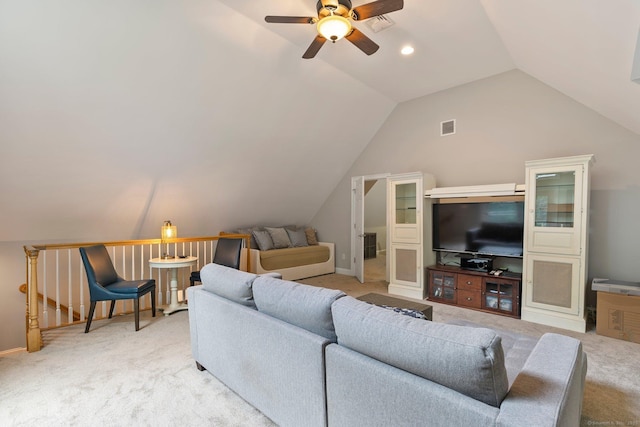 80 Jeremiahs Way, Glastonbury, CT 06073 - living area featuring vaulted ceiling, ceiling fan, and light carpet