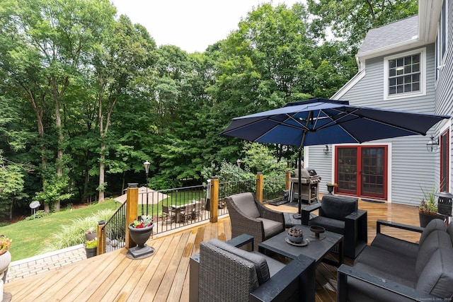 80 Jeremiahs Way, Glastonbury, CT 06073 - wooden terrace featuring an outdoor hangout area, grilling area, outdoor dining area, a lawn, and view of scattered trees