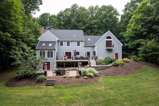 80 Jeremiahs Way, Glastonbury, CT 06073 - back of house with a wooden deck, a patio area, a chimney, and a yard