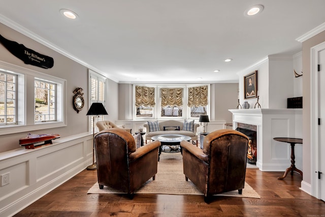 75 Green Hill Rd, Washington, CT 06793 - living room with ornamental molding, a lit fireplace, dark wood-type flooring, wainscoting, and a decorative wall