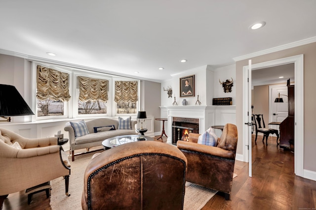 75 Green Hill Rd, Washington, CT 06793 - living room featuring crown molding, recessed lighting, a lit fireplace, and wood finished floors