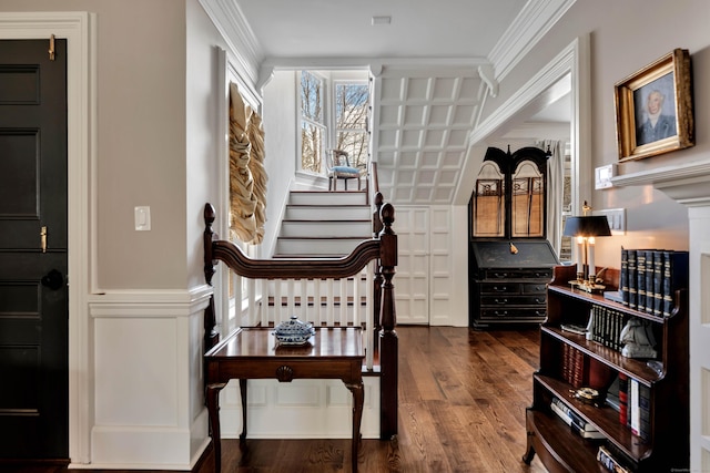 75 Green Hill Rd, Washington, CT 06793 - hallway featuring dark wood-style flooring, ornamental molding, and stairs