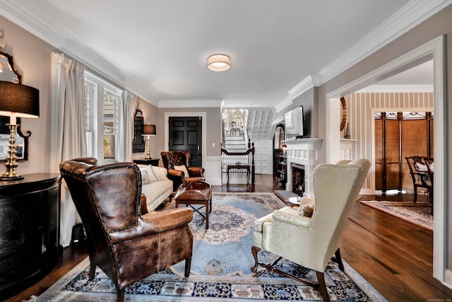 75 Green Hill Rd, Washington, CT 06793 - living room with ornamental molding, a fireplace, and wood finished floors