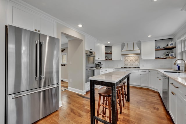 75 Green Hill Rd, Washington, CT 06793 - kitchen featuring stainless steel appliances, open shelves, premium range hood, ornamental molding, and backsplash