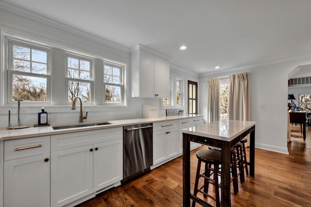 75 Green Hill Rd, Washington, CT 06793 - kitchen featuring stainless steel dishwasher, dark wood-style flooring, crown molding, recessed lighting, and light countertops
