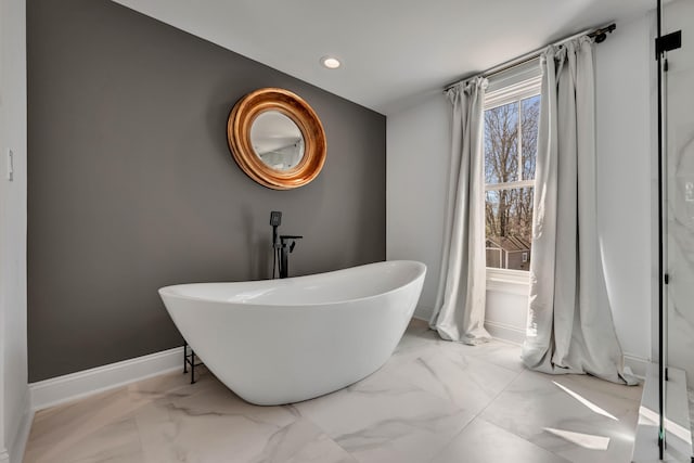 75 Green Hill Rd, Washington, CT 06793 - full bath with a freestanding bath, marble finish floors, and recessed lighting