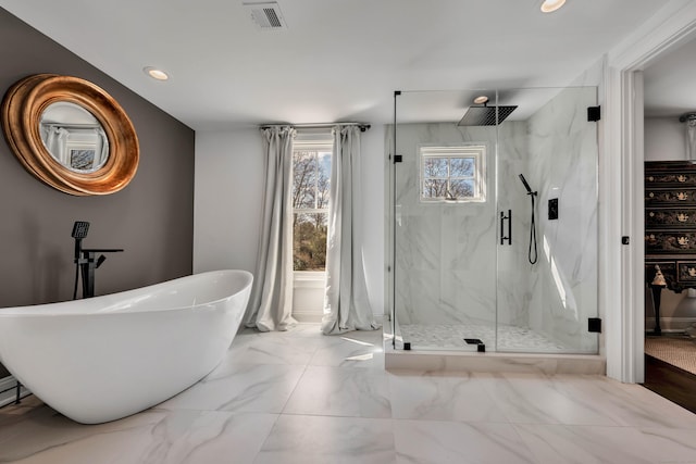 75 Green Hill Rd, Washington, CT 06793 - bathroom featuring a marble finish shower, marble look tile flooring, a freestanding tub, and recessed lighting