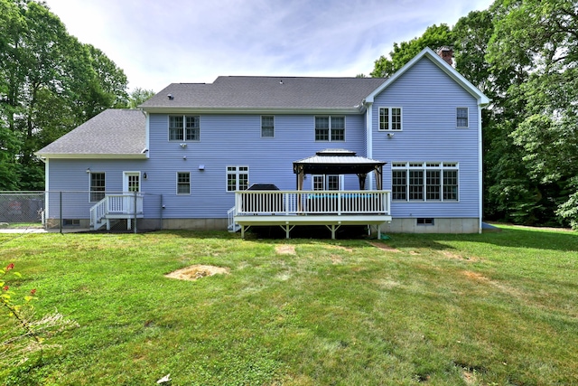 8 Dogwood Ct, Woodbridge, CT 06525 - back of house with a gazebo, a chimney, a wooden deck, a yard, and roof with shingles