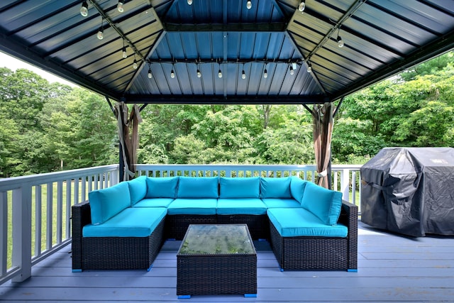 8 Dogwood Ct, Woodbridge, CT 06525 - deck with outdoor lounge area, a gazebo, and a grill