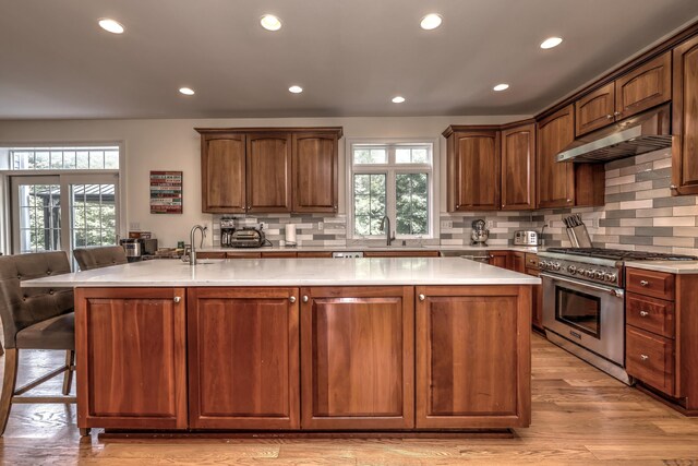 8 Dogwood Ct, Woodbridge, CT 06525 - kitchen with high end stove, under cabinet range hood, healthy amount of natural light, recessed lighting, and light countertops