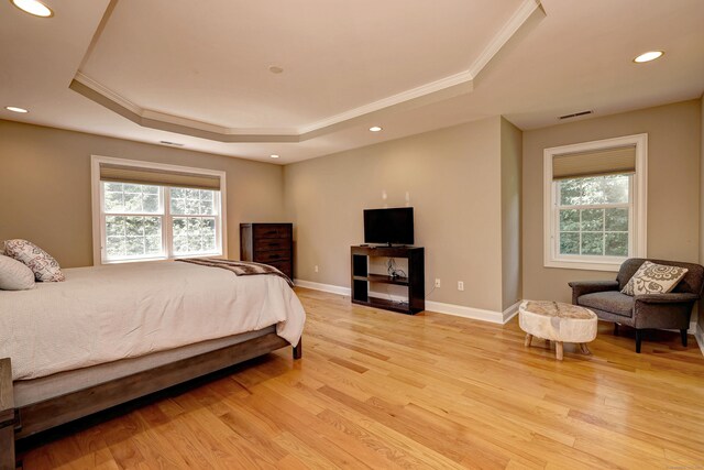 8 Dogwood Ct, Woodbridge, CT 06525 - bedroom with a tray ceiling, ornamental molding, light wood finished floors, and recessed lighting