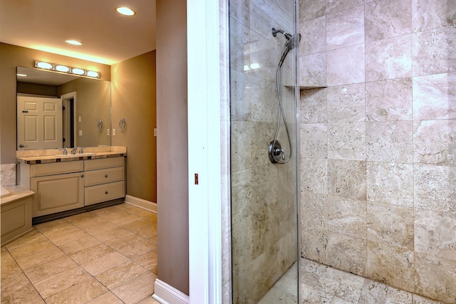 8 Dogwood Ct, Woodbridge, CT 06525 - full bathroom featuring a tile shower, vanity, recessed lighting, and tile patterned floors