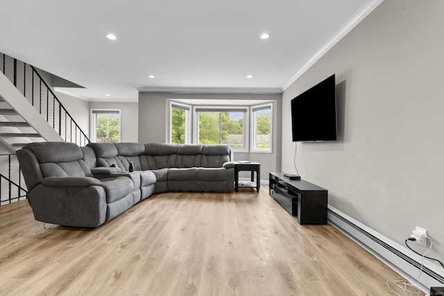 3 Radio Pl Unit 3, Stamford, CT 06906 - living room with crown molding, a baseboard radiator, recessed lighting, light wood-style floors, and stairway