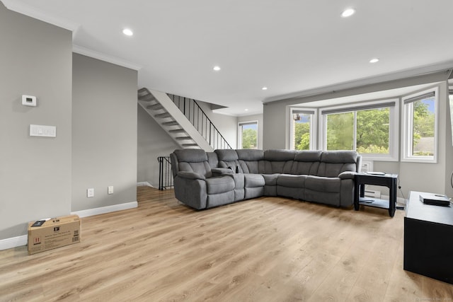 3 Radio Pl Unit 3, Stamford, CT 06906 - living room featuring crown molding, recessed lighting, light wood-style floors, and stairway