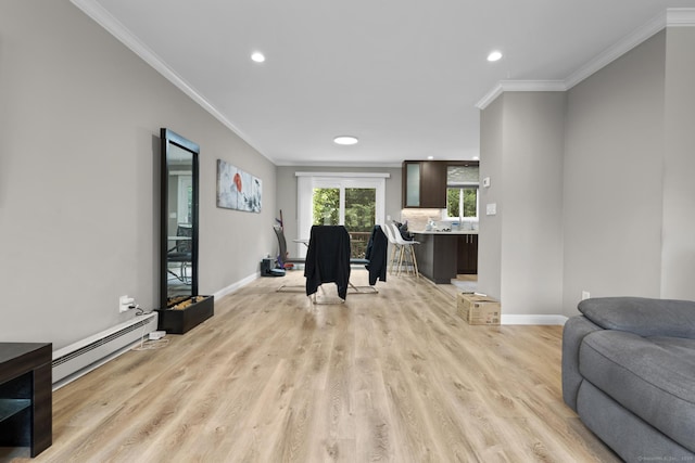 3 Radio Pl Unit 3, Stamford, CT 06906 - living area featuring baseboard heating, crown molding, light wood finished floors, and recessed lighting