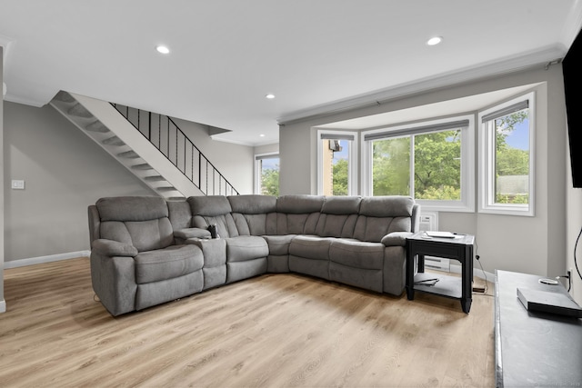 3 Radio Pl Unit 3, Stamford, CT 06906 - living area featuring ornamental molding, recessed lighting, light wood-style floors, and stairway