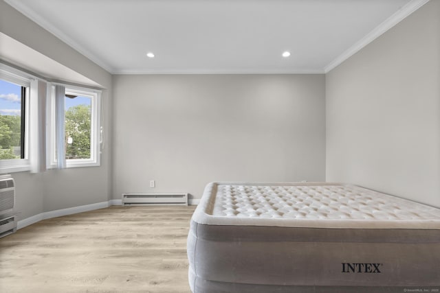 3 Radio Pl Unit 3, Stamford, CT 06906 - bedroom with a baseboard heating unit, crown molding, light wood-style flooring, and recessed lighting