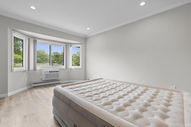 3 Radio Pl Unit 3, Stamford, CT 06906 - bedroom with a baseboard heating unit, crown molding, light wood-style flooring, and recessed lighting