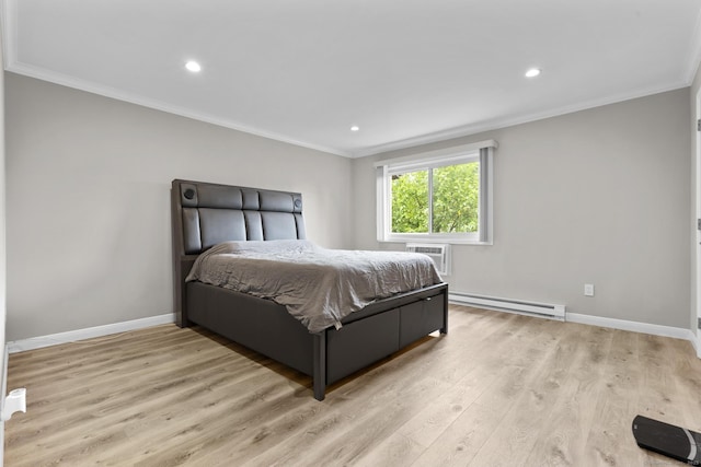 3 Radio Pl Unit 3, Stamford, CT 06906 - bedroom featuring a baseboard radiator, ornamental molding, light wood finished floors, a wall mounted AC, and recessed lighting