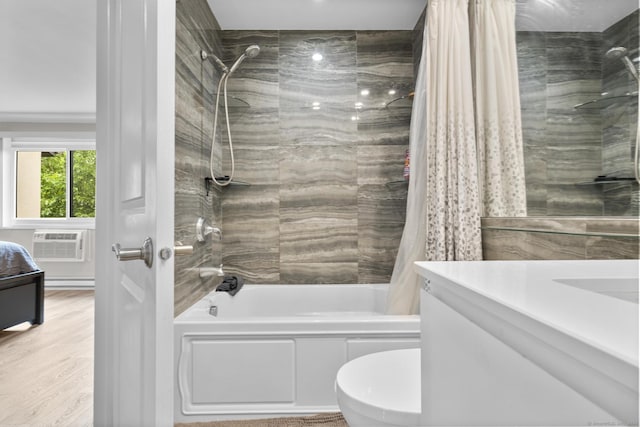 3 Radio Pl Unit 3, Stamford, CT 06906 - bathroom featuring shower / bathtub combination with curtain, an AC wall unit, vanity, and wood finished floors