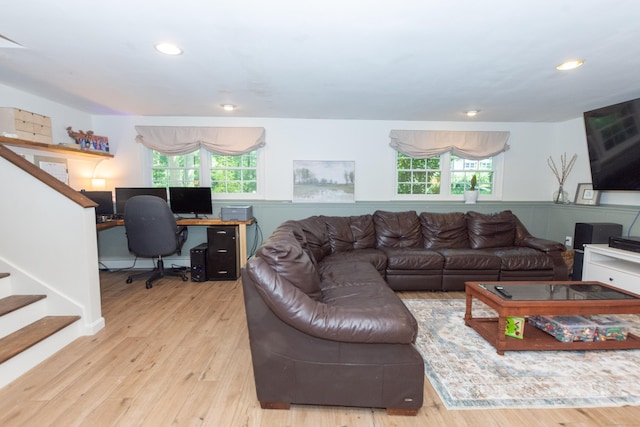 34 Taft St, Killingly, CT 06239 - living room featuring plenty of natural light, wood finished floors, a wainscoted wall, a desk, and recessed lighting