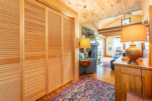 56 Wildwood Rd, East Haddam, CT 06423 - hallway with wood finished floors, vaulted ceiling, and wooden ceiling