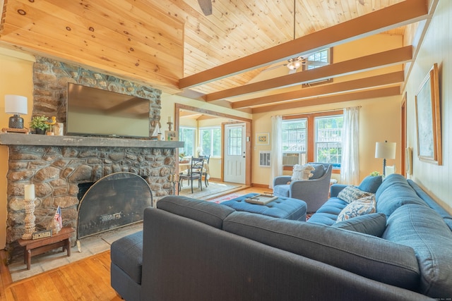 56 Wildwood Rd, East Haddam, CT 06423 - living area with wood finished floors, wood ceiling, a ceiling fan, a fireplace, and lofted ceiling