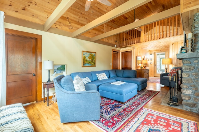 56 Wildwood Rd, East Haddam, CT 06423 - living area featuring wood finished floors, wooden ceiling, and ceiling fan
