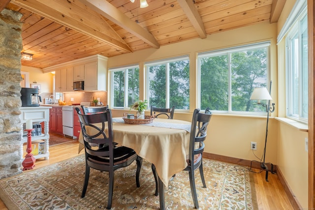 56 Wildwood Rd, East Haddam, CT 06423 - dining space with a wood ceiling with exposed beams, healthy amount of natural light, and light wood finished floors