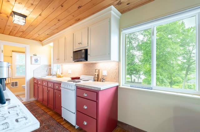56 Wildwood Rd, East Haddam, CT 06423 - kitchen featuring white range with electric stovetop, black microwave, plenty of natural light, wooden ceiling, and light countertops