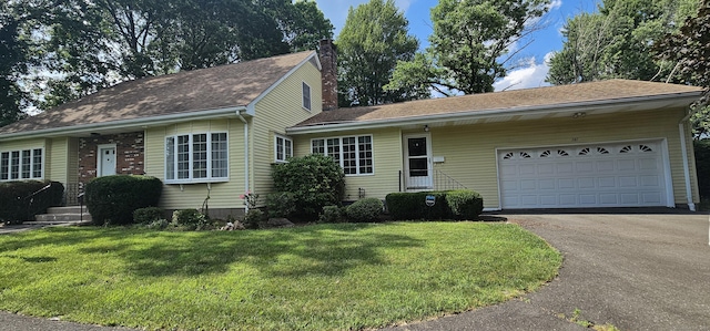 187 Two Rod Hwy, Wethersfield, CT 06109 - single story home with asphalt driveway, a chimney, a front lawn, a garage, and roof with shingles