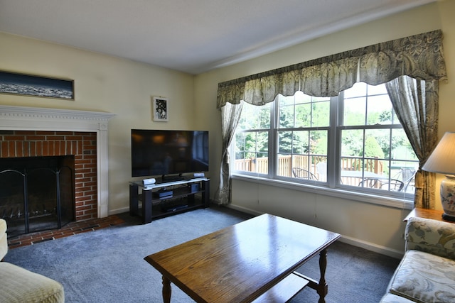 32 Sable Dr, Ledyard, CT 06339 - living area with carpet and a brick fireplace