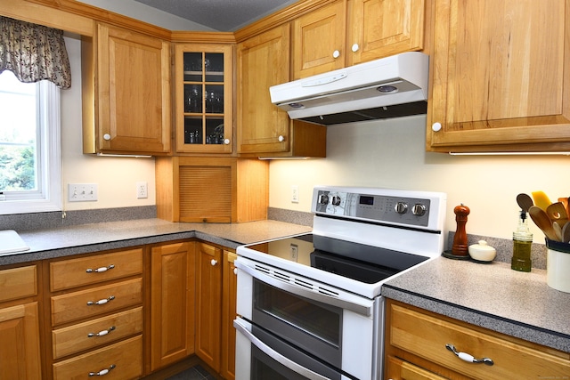 32 Sable Dr, Ledyard, CT 06339 - kitchen with under cabinet range hood, double oven range, glass insert cabinets, and brown cabinetry