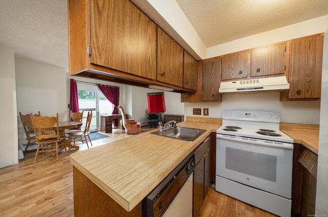 226 Laurel St Apt 4, East Haven, CT 06512 - kitchen featuring under cabinet range hood, white electric range oven, dishwashing machine, light countertops, and a textured ceiling
